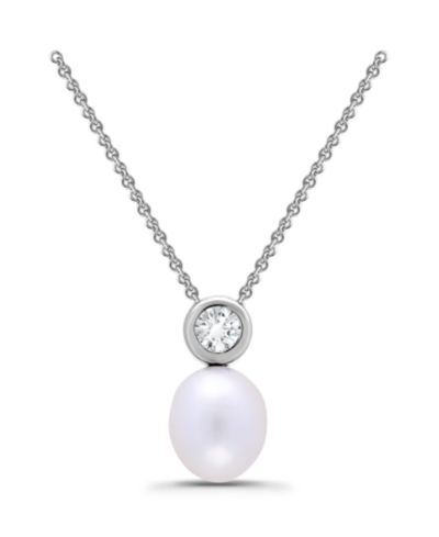 Macy's Teardrop Freshwater Cultured Pearl Round Cubic Zirconia Bezel Necklace