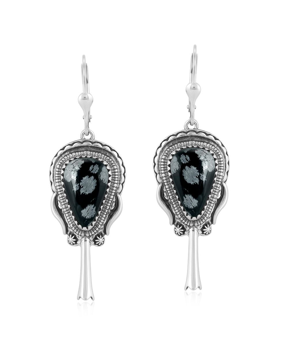 American West Jewelry серьги-подвески из стерлингового серебра с обсидианом Snowflake, Squash Blossom