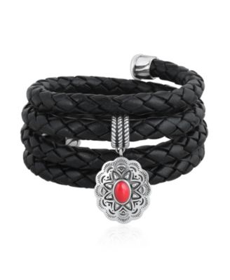 American West Jewelry браслет из стерлингового серебра с красным кораллом и плетеной кожей Concha, One Size Fits Most
