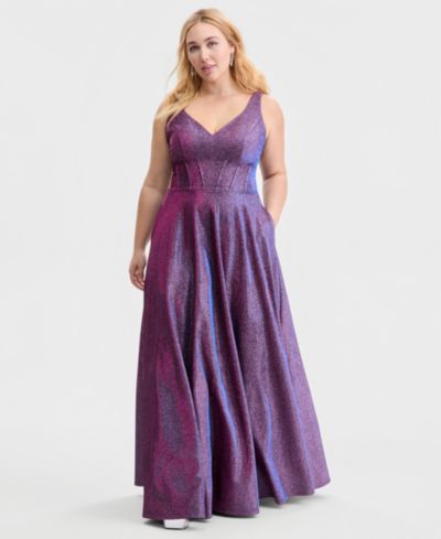 City Studios Trendy Plus Size Glitter V-Neck Sleeveless Gown