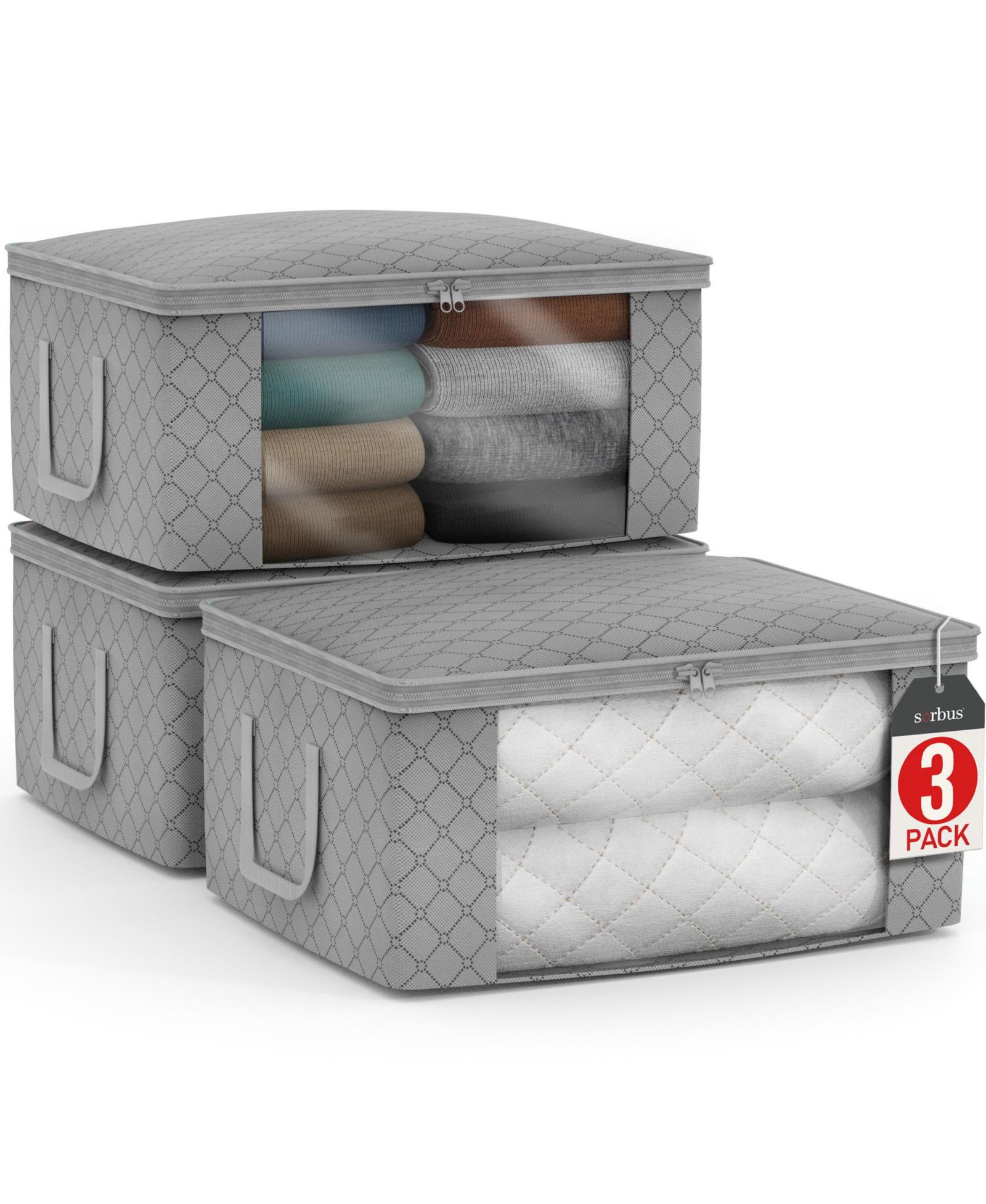 Sorbus 3 Pack Foldable Storage Bag Organizers - Great for Clothes, Blankets, Closets, Bedrooms, and More (Grey)