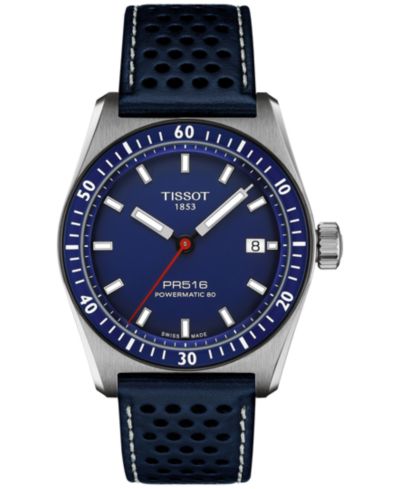 Мужские часы Tissot Swiss Automatic PR516 Powermatic 80 Blue Leather Strap 38mm