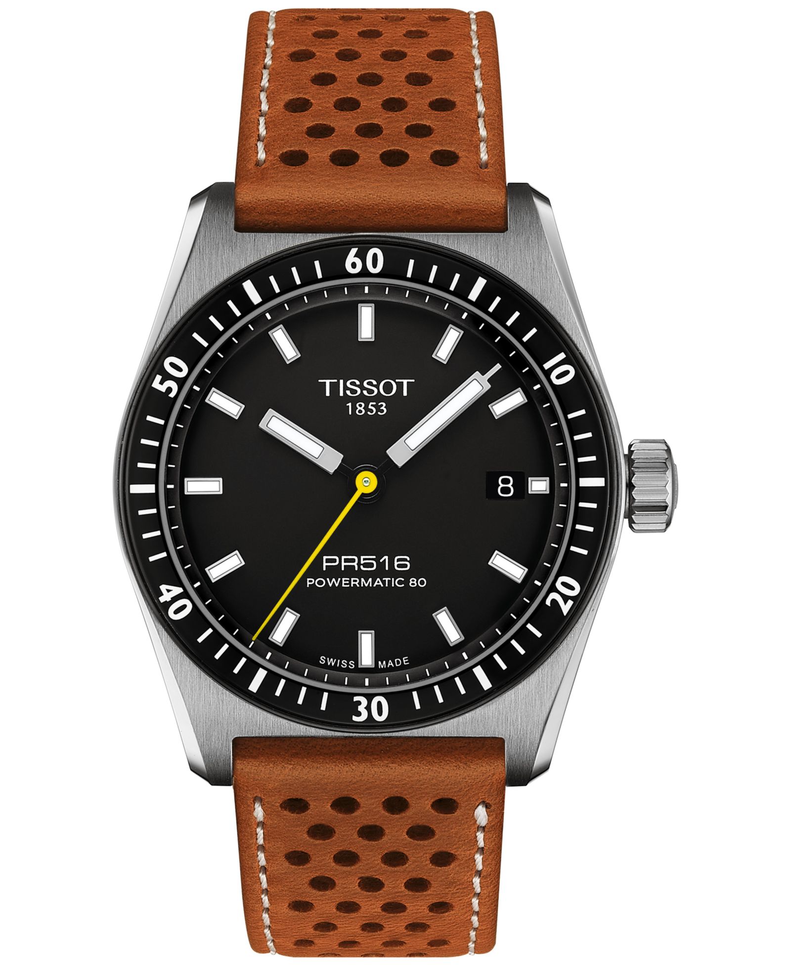Tissot Men's Swiss Automatic PR516 Powermatic 80 Brown Perforated Leather Strap Watch 38mm