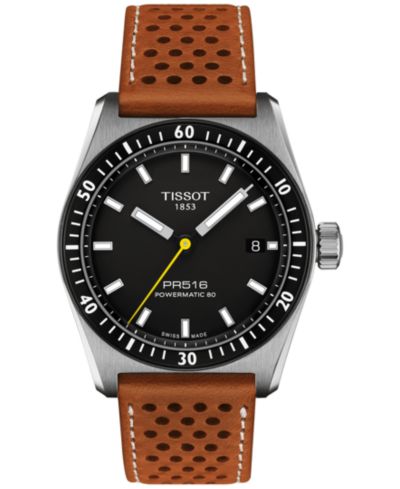 Мужские швейцарские автоматические часы Tissot PR516 Powermatic 80 Brown Perforated Leather Strap 38mm