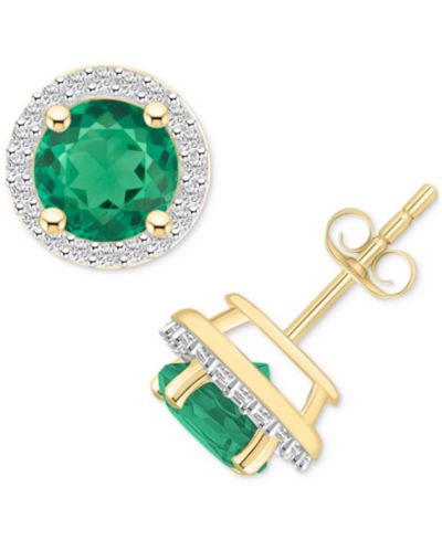 Lab-Created Emerald (1-1/2 ct. t.w.) & Lab-Created White Sapphire (1/5 ct. t.w.) Halo Stud Earrings in 10k Gold