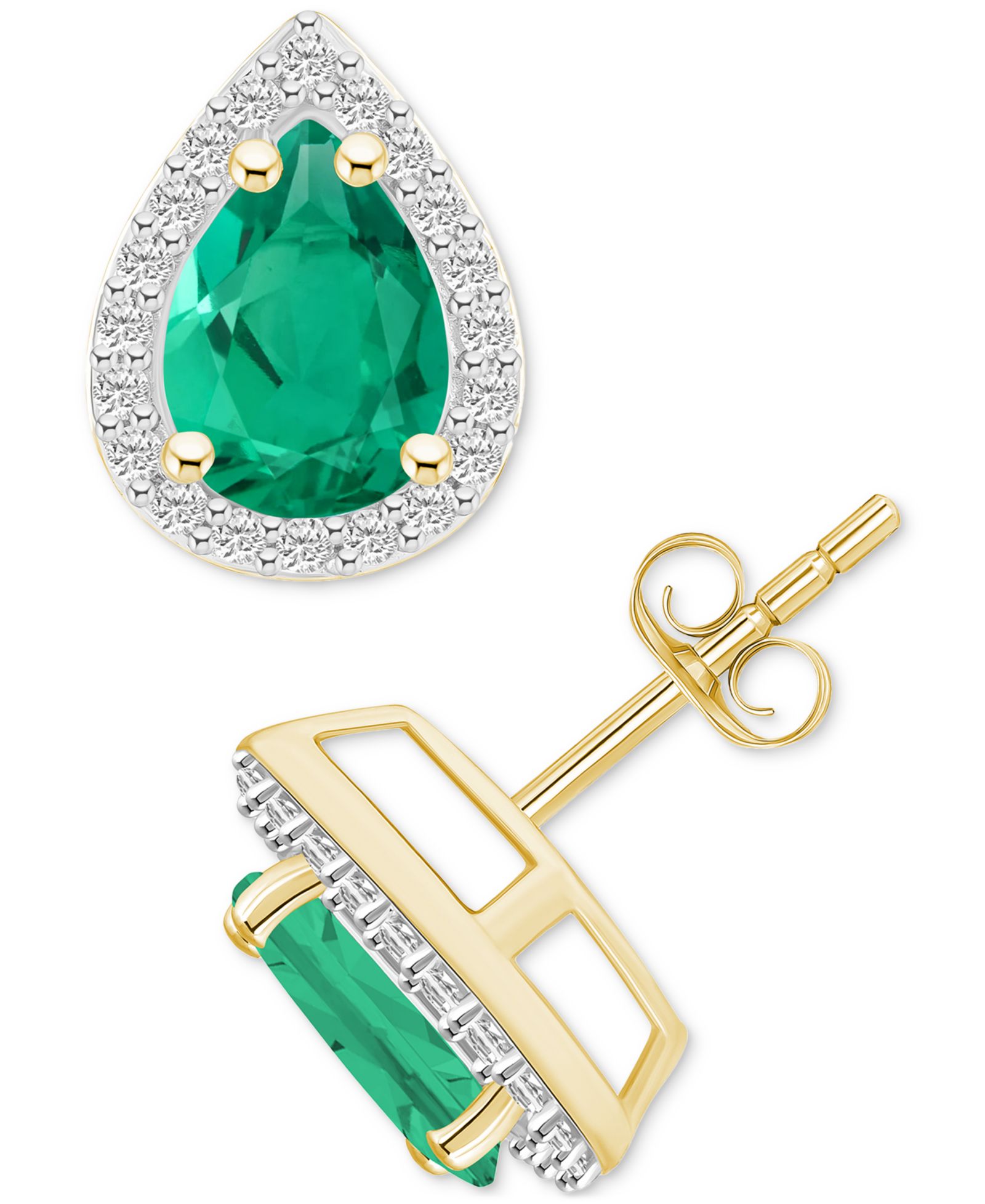 Lab-Created Emerald (1-1/3 ct. t.w.) & Lab-Created White Sapphire Pear Halo Stud Earrings in 10k Gold