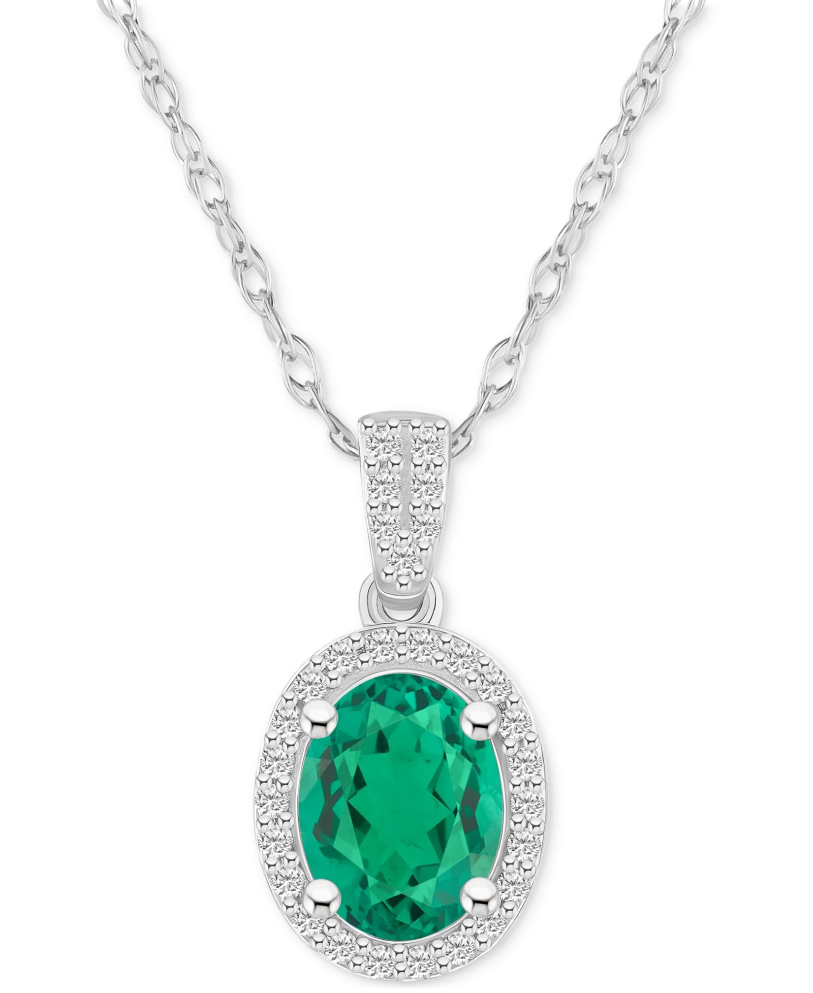 Lab-Created Emerald (1 ct. t.w.) & Lab-Created White Sapphire (1/6 ct. t.w.) Halo 18" Pendant Necklace in 10k Gold
