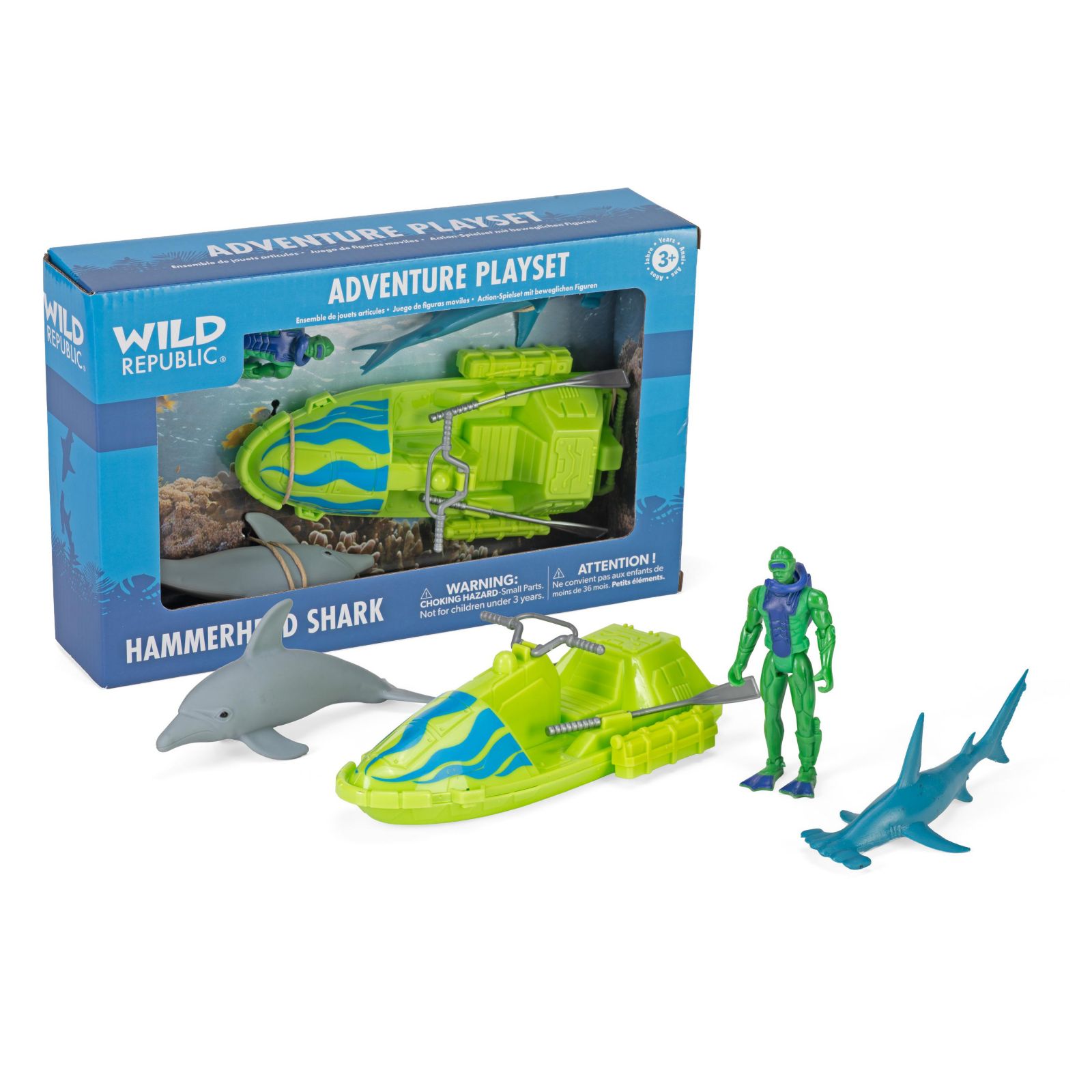 Игровой набор Wild Republic Dolphin, Hammerhead, Speed Boat, Oars, Scuba Diver, подарки для детей, 6 предметов
