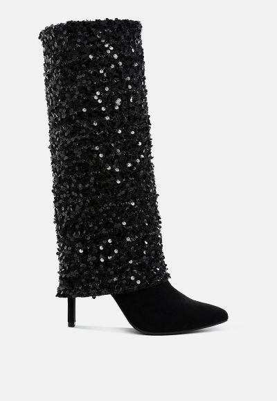 London Rag Womens Sin City Sequinned Fold-Over Calf Boots