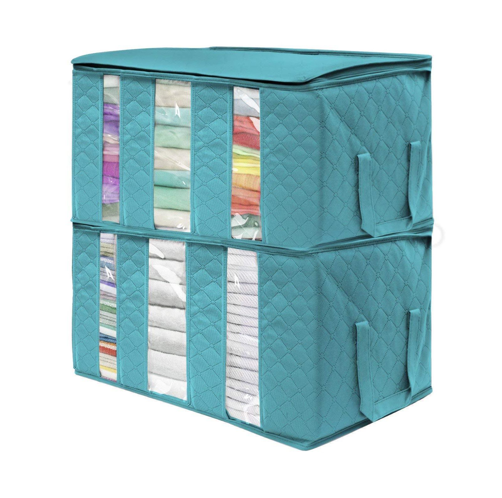Sorbus Foldable Storage Bag Organizers, 3 Sections, Great for Clothes, Blankets, Closets, Bedrooms, and More, 2-Pack (Aqua)