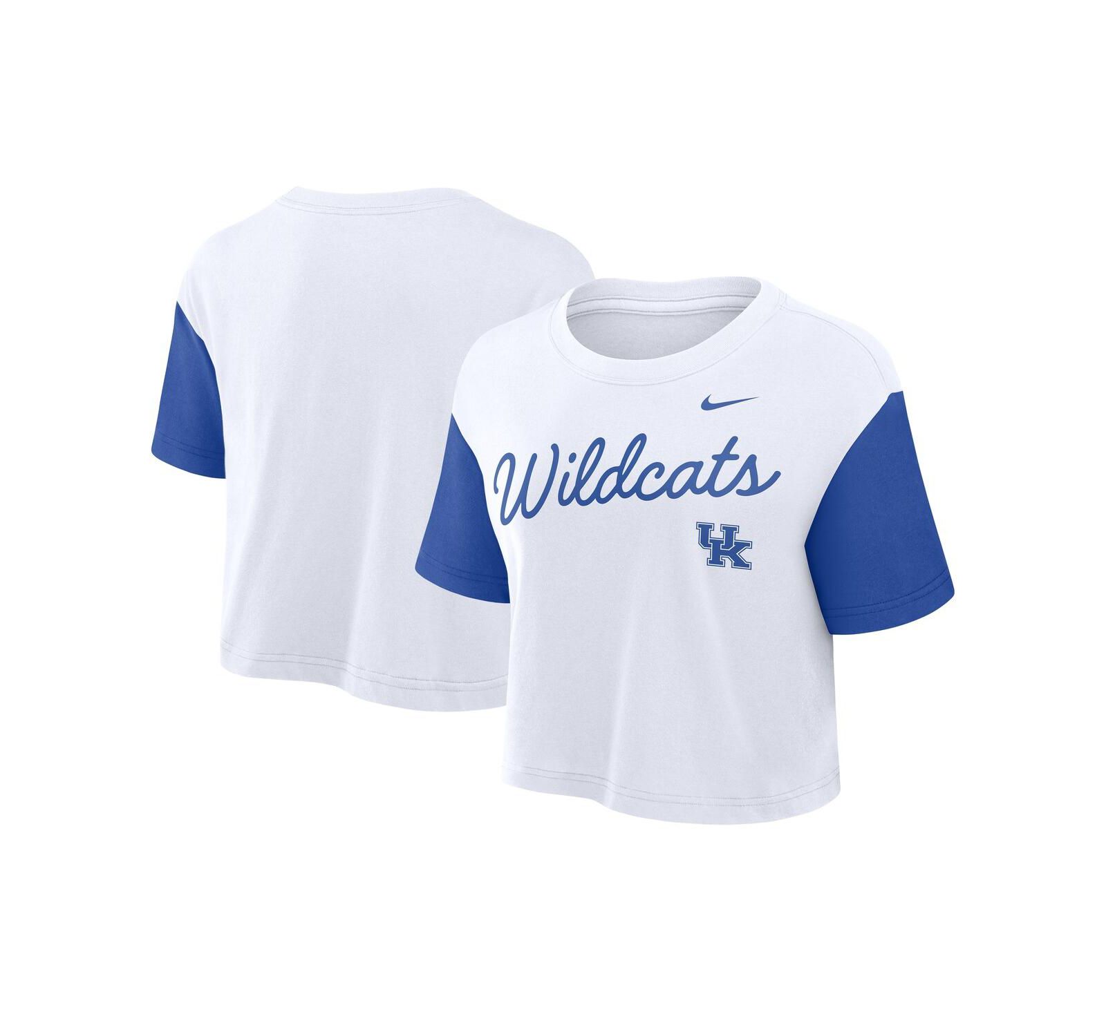 Nike Women's White/Royal Kentucky Wildcats Color Block Script Performance Cropped T-Shirt