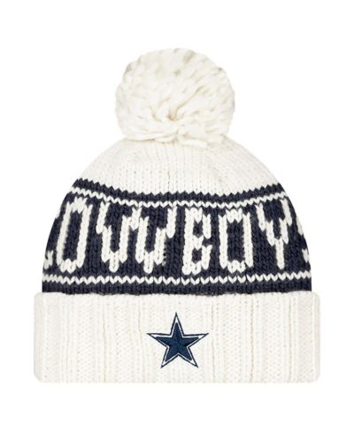 Женская белая вязаная шапка New Era Dallas Cowboys 2024 Sideline Cuffed с помпоном