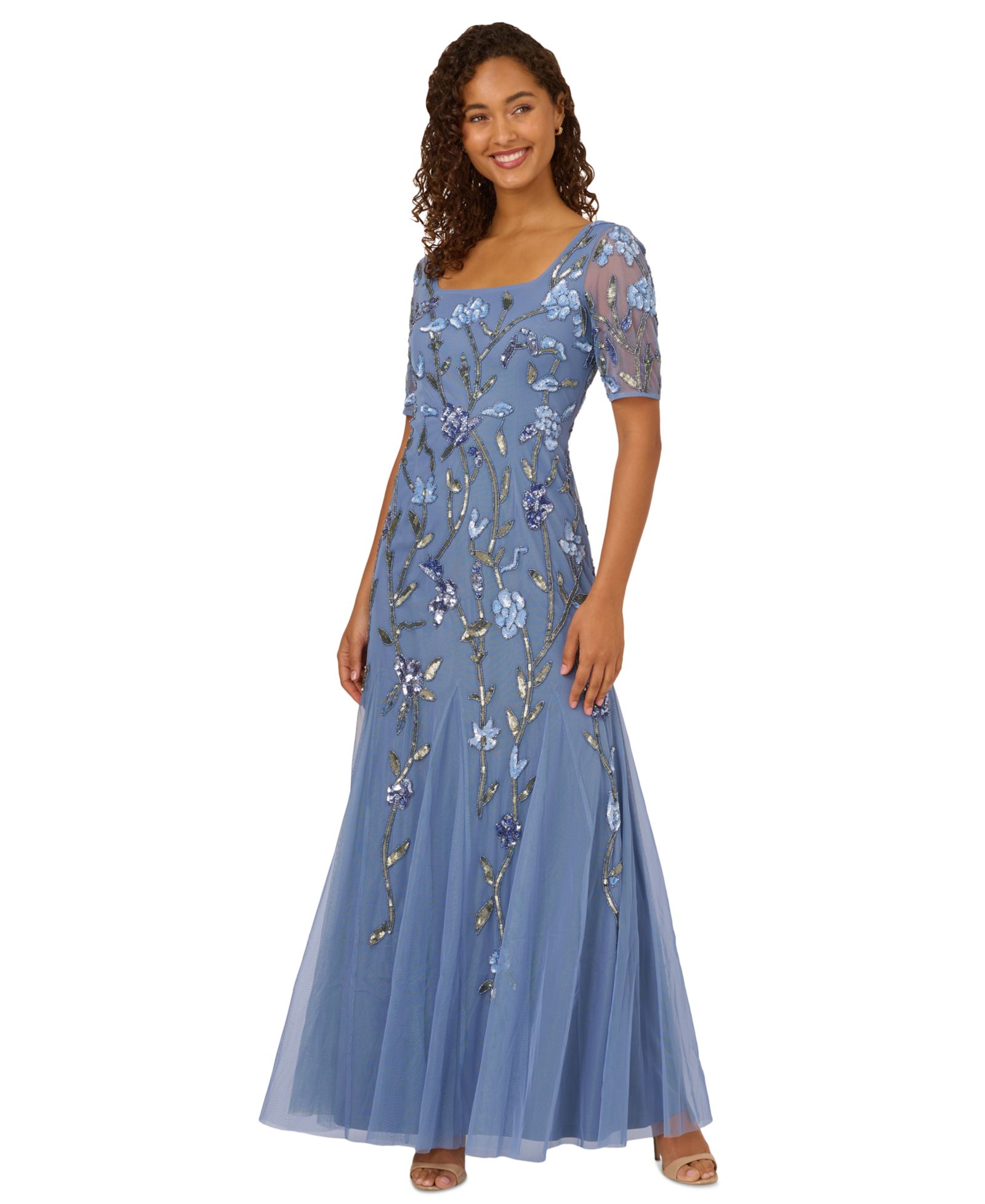 Женское вечернее платье Adrianna Papell Square-Neck Beaded Mesh Gown
