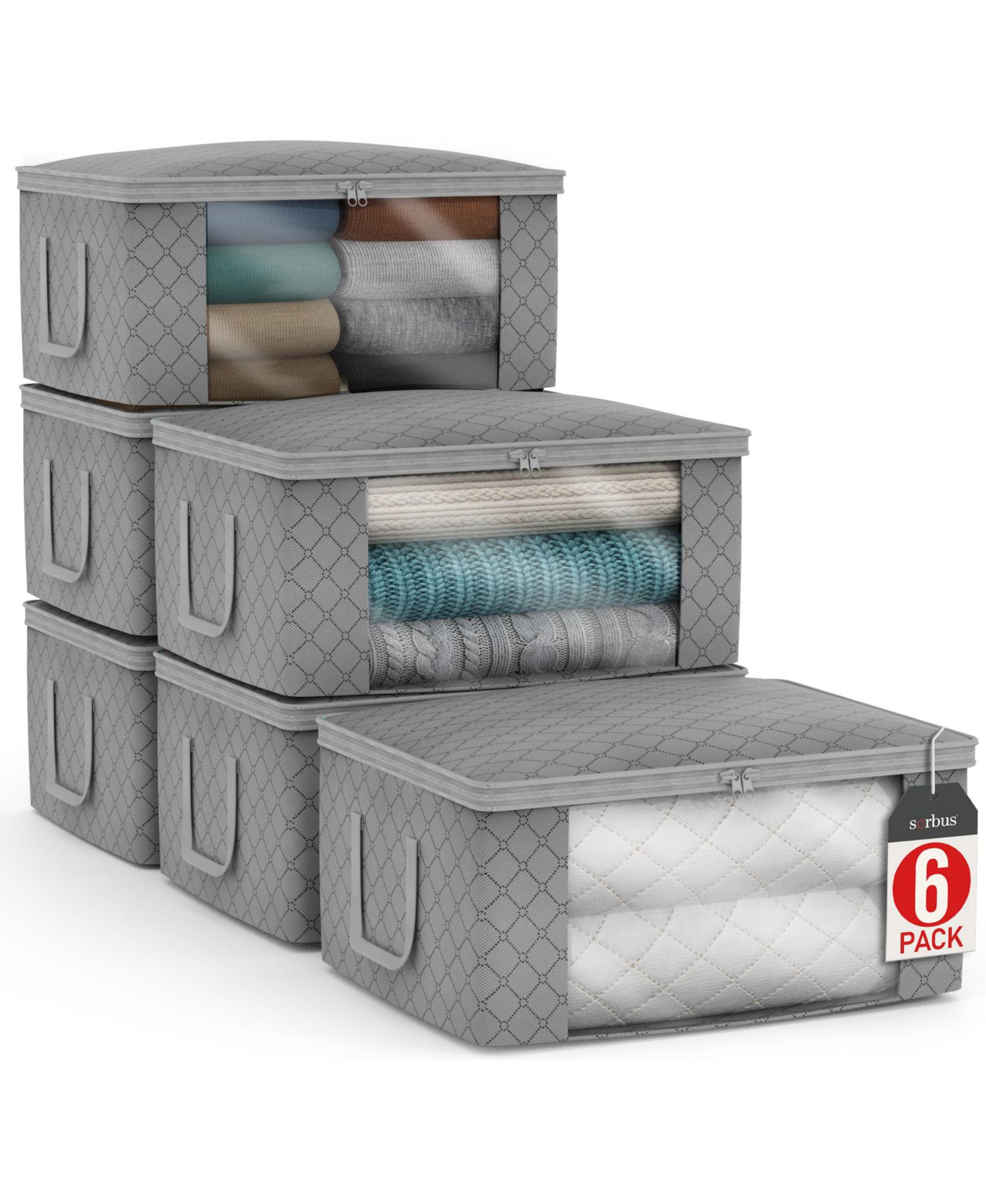 Sorbus 6 Pack Medium Foldable Clothes Storage Bags with Clear Window, Zipper Lid and Carry Handles - for Organizing Bedroom, Closet, Home (Grey)
