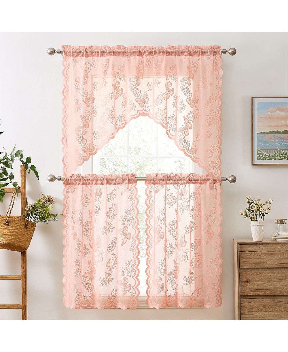 HLC.me Butterfly Floral Lace - Sheer 3 Piece Kitchen Curtains Set, Light Filtering Transparent Window Swag Valance + 36 inch Tiers Set