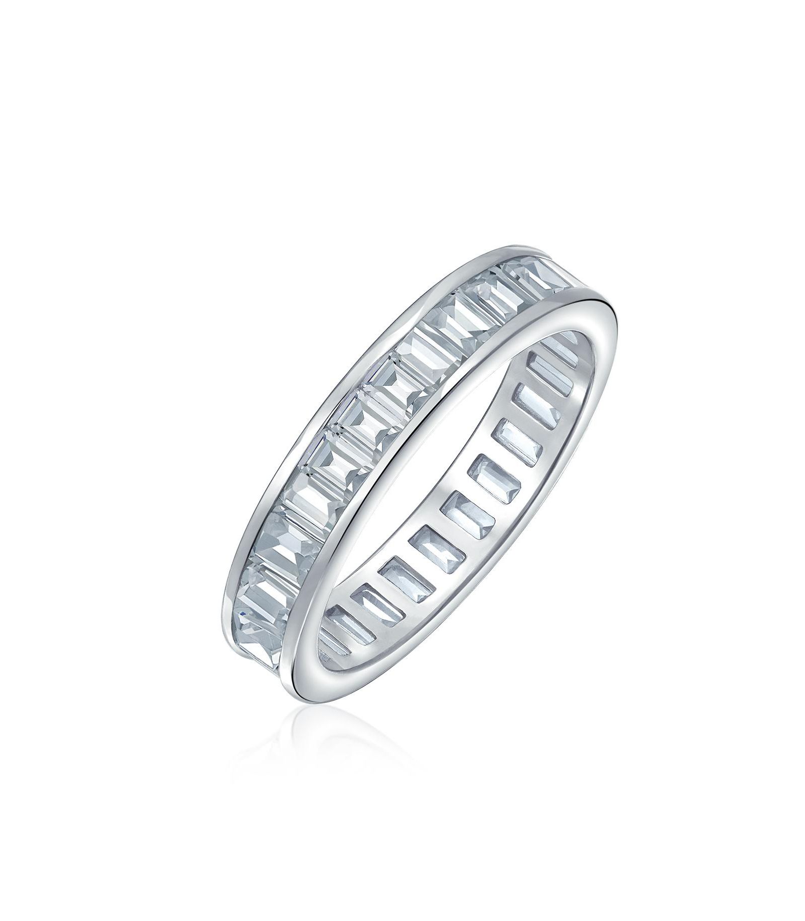 Bling Jewelry Channel Set Emerald Cut Baguette CZ Eternity Band Ring .925 Sterling Silver 4MM