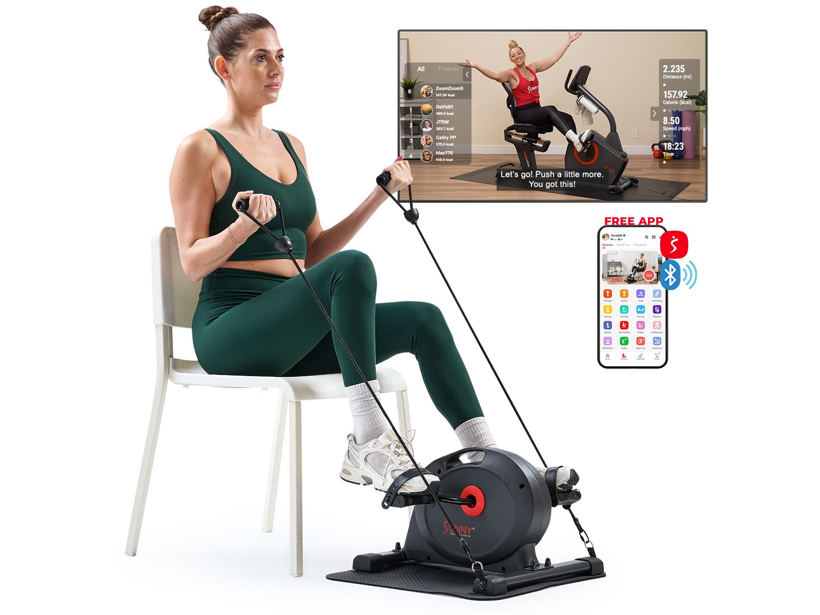 Sunny Health & Fitness Under Desk Smart Mini Pedal Exerciser, Exercise Cycle Bike and Mat/Workout Bands w Free SunnyFit App Connectivity
