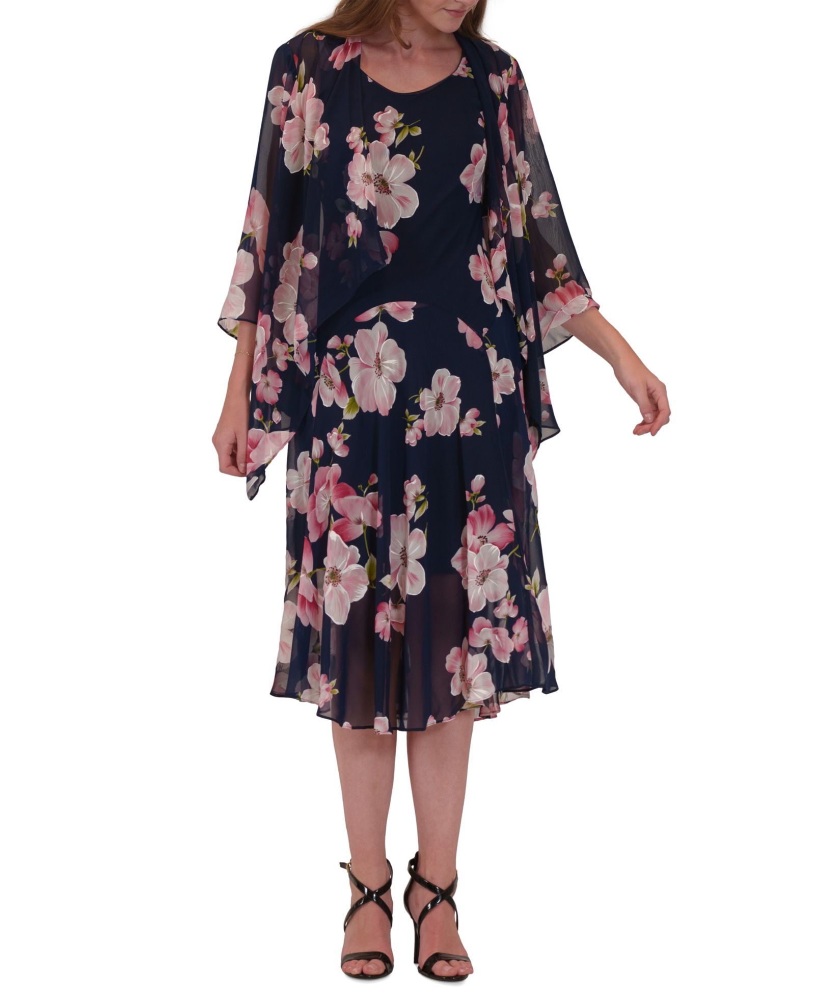 Robbie Bee Plus Size Floral Print Open-Front Chiffon Jacket Dress