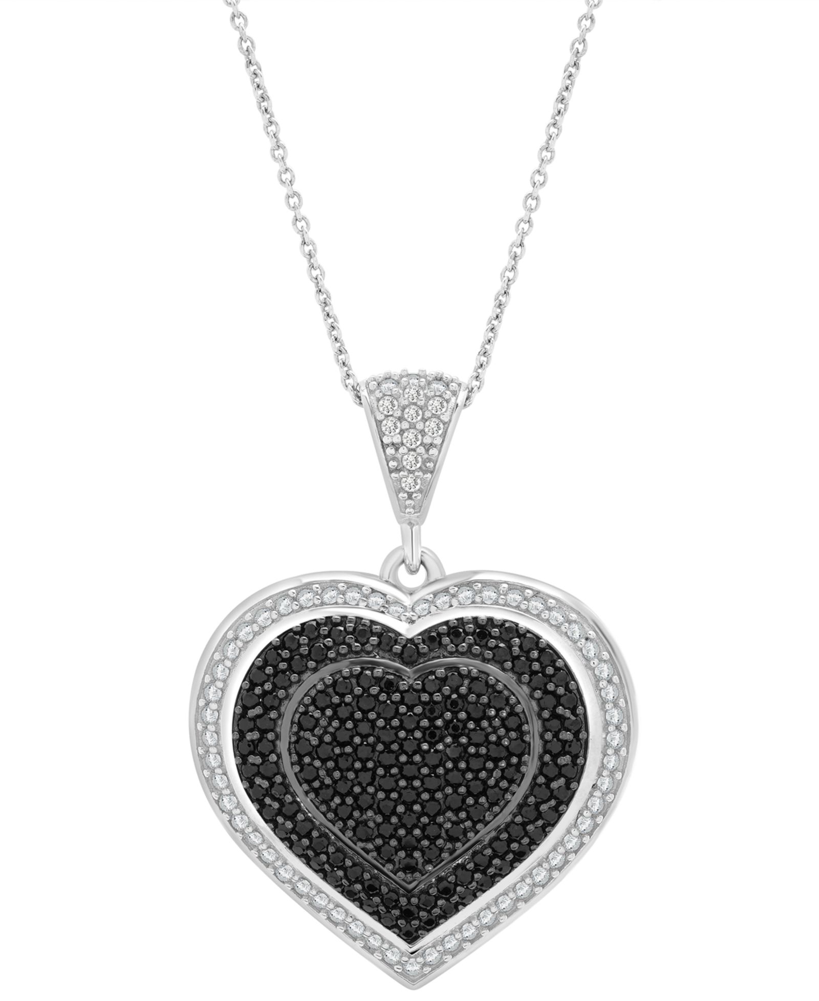 Подвеска-кулон Black & White Diamond Heart Halo Cluster 18" Sterling Silver