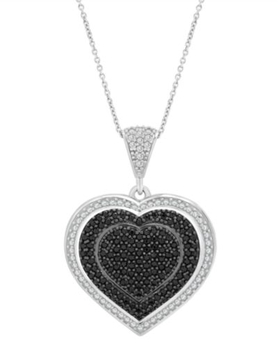 Подвеска-кулон Black & White Diamond Heart Halo Cluster 18" Sterling Silver