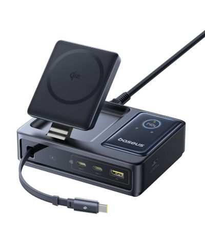 Зарядная станция Nomos Baseus 140W GaN 5-in-1 Desktop Charger с Qi2 15W Magnetic Wireless, Retractable Cable