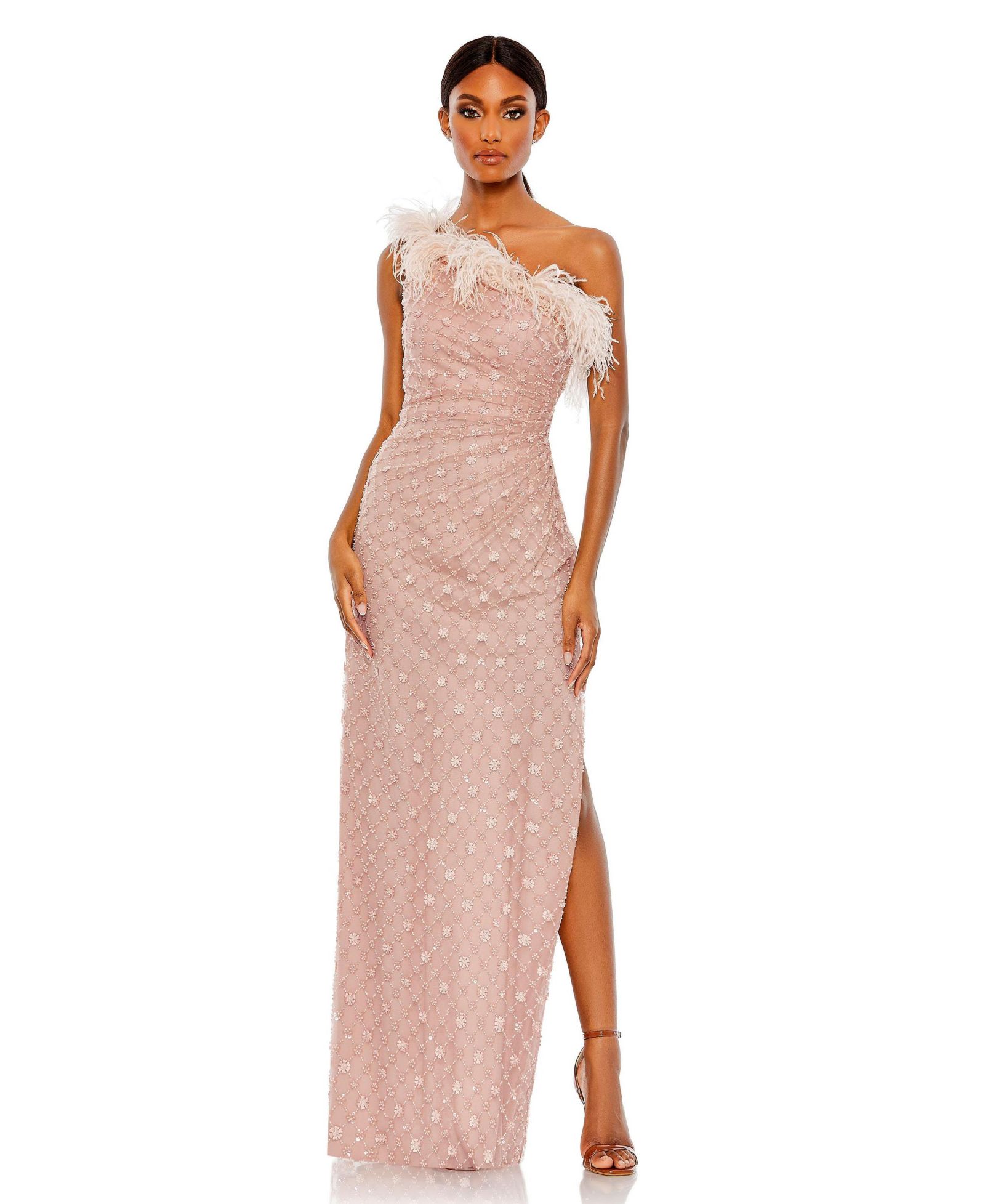 Женское вечернее платье Mac Duggal Embellished One Shoulder Feathered