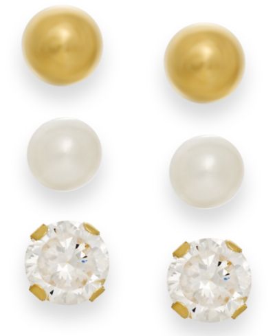 Набор серьг-гвоздиков ADORNIA Cultured Freshwater Pearl Cubic Zirconia and Ball 10k Gold