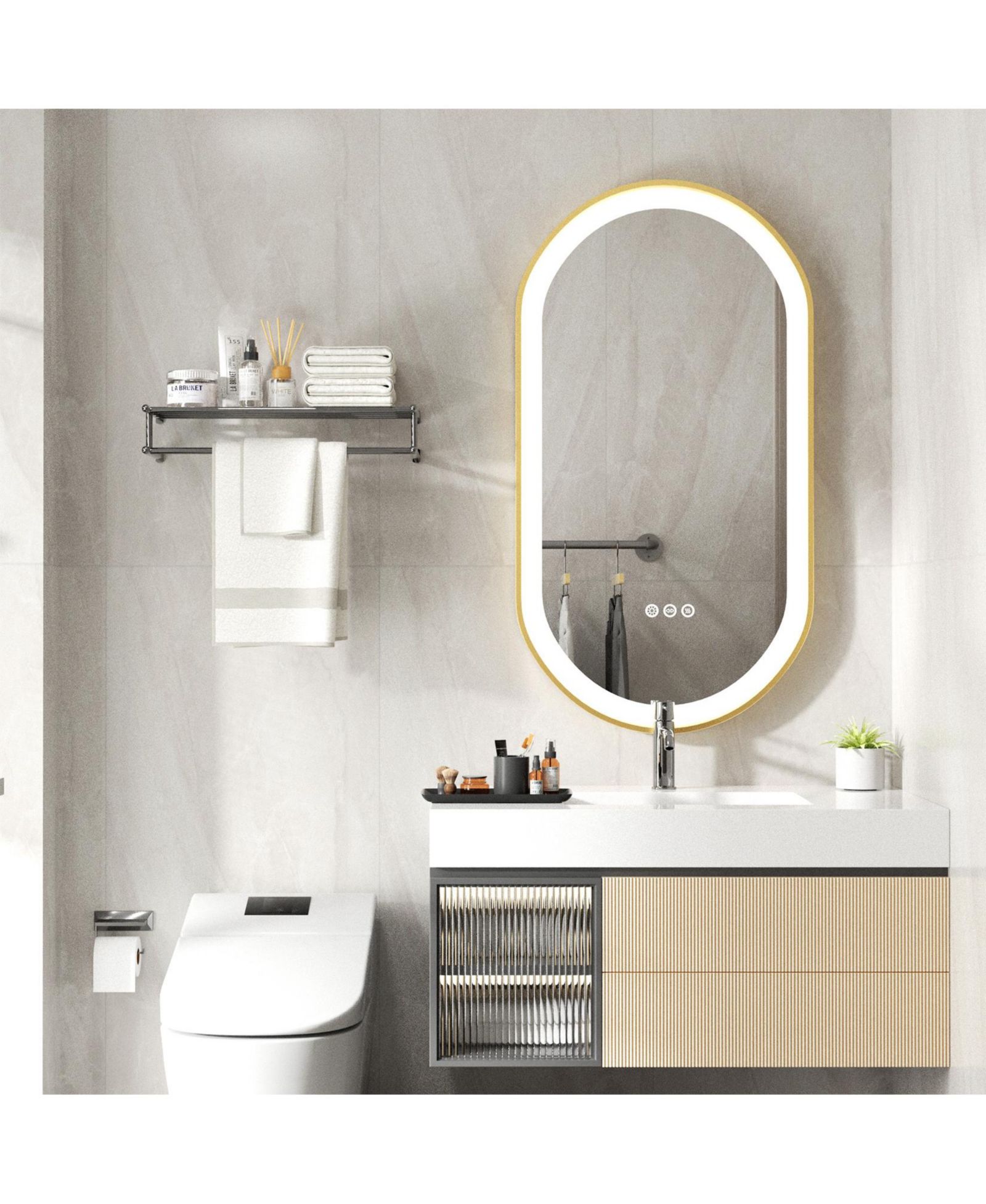 Зеркало WISFOR Oval Led Bathroom Anti-Fog Stepless Dimming 3 Color Gold Frame Makeup Mirror