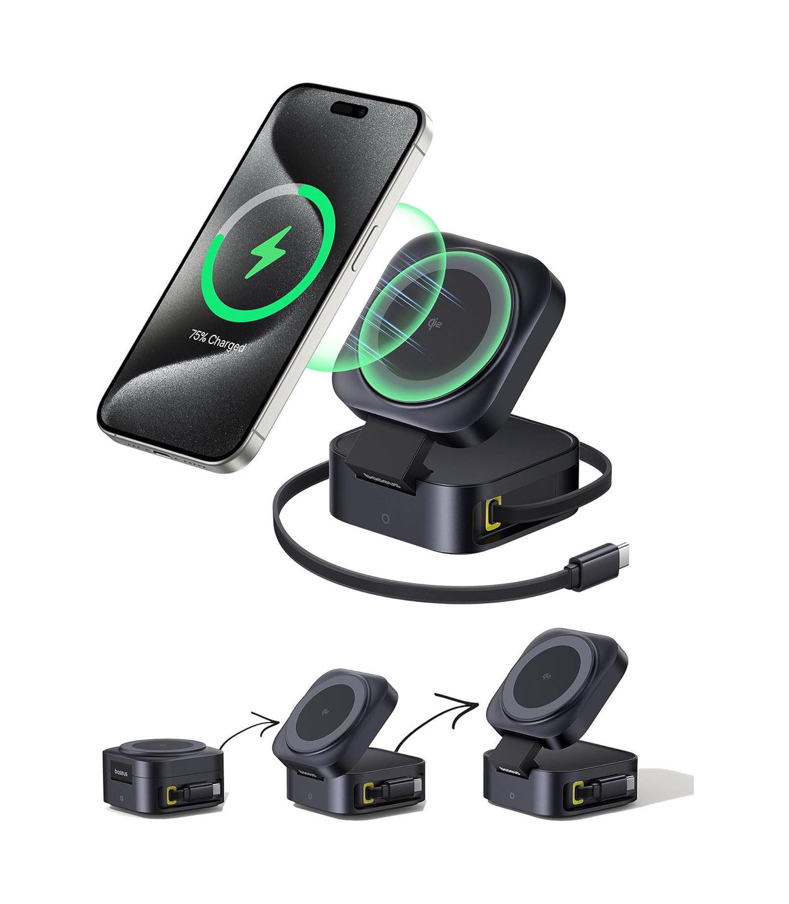 Baseus PicoGo Qi2-Certified Wireless and Wired Charging Station with Retractable Cable, Compatible with iPhone 17/16/15