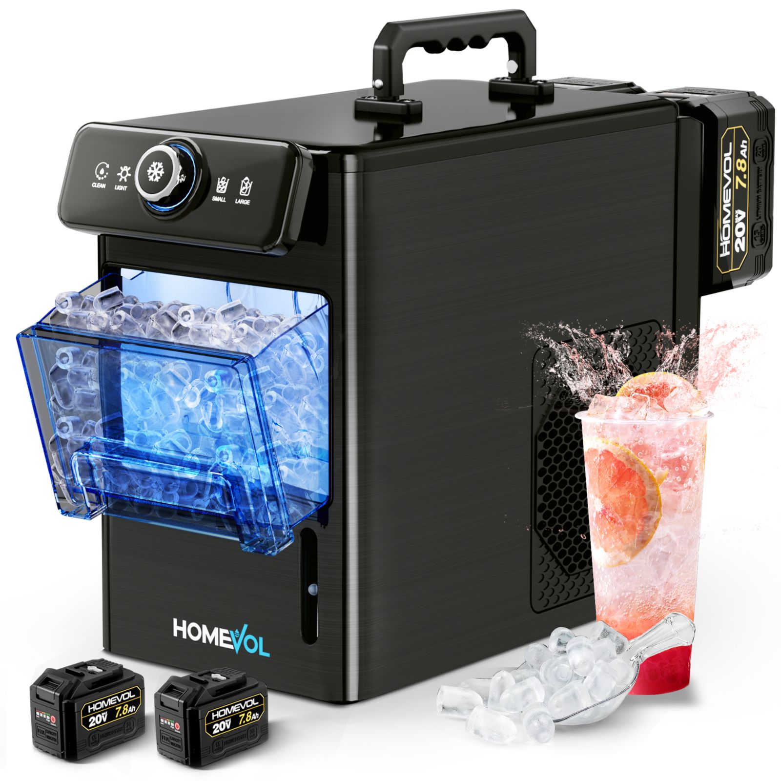 Portable Ice Maker with Battery - 8 Min Rapid Ice, 4.5H Cordless, Dual Mode (AC/DC), Self-Cleaning, Bullet Ice, Stainless Steel