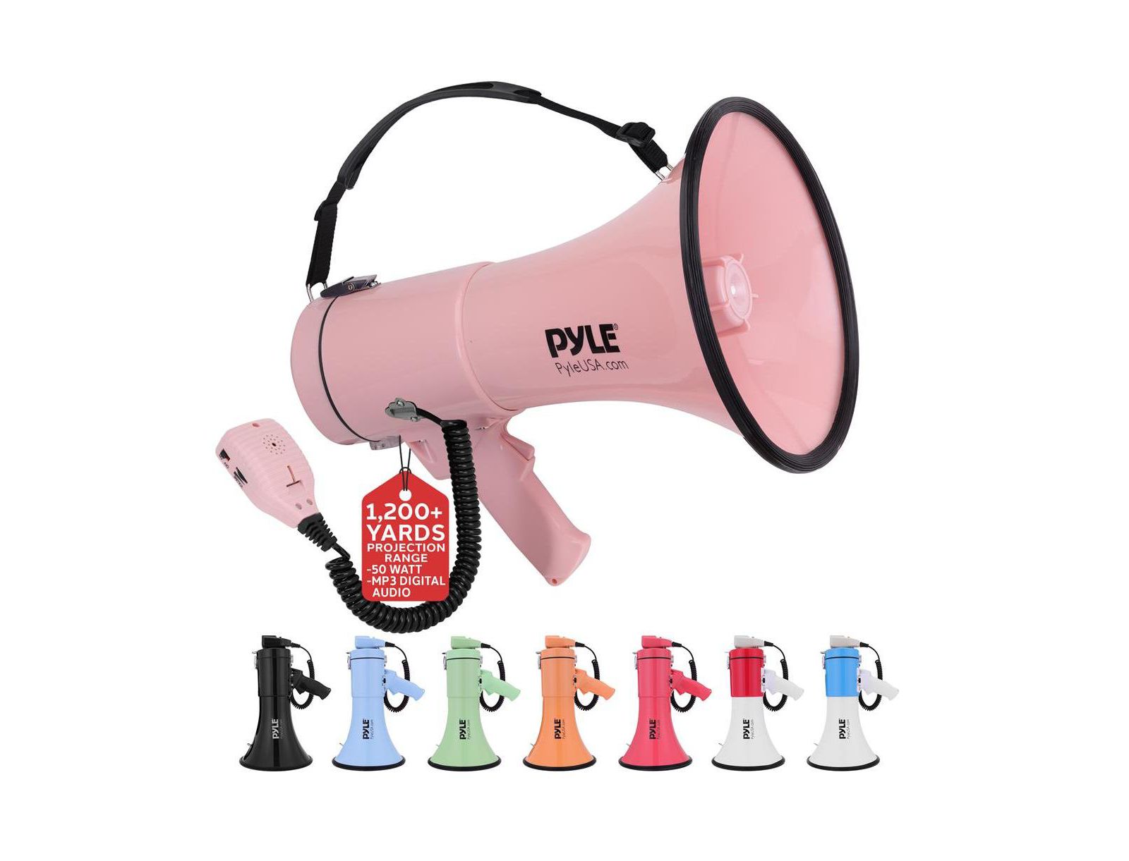 Pyle 50-Watt Portable Megaphone with Siren, MP3 Input, Automatic Siren, Shoulder Strap, Lightweight