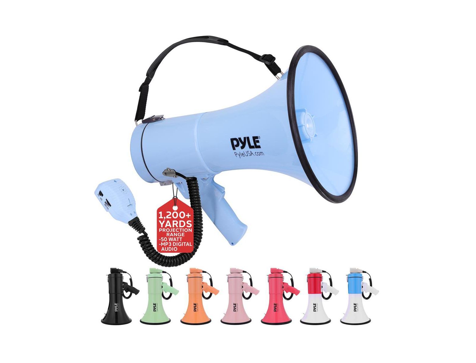 Портативный мегафон Pyle 50-Watt с сиреной, MP3 Input, Automatic Siren, Shoulder Strap, Lightweight