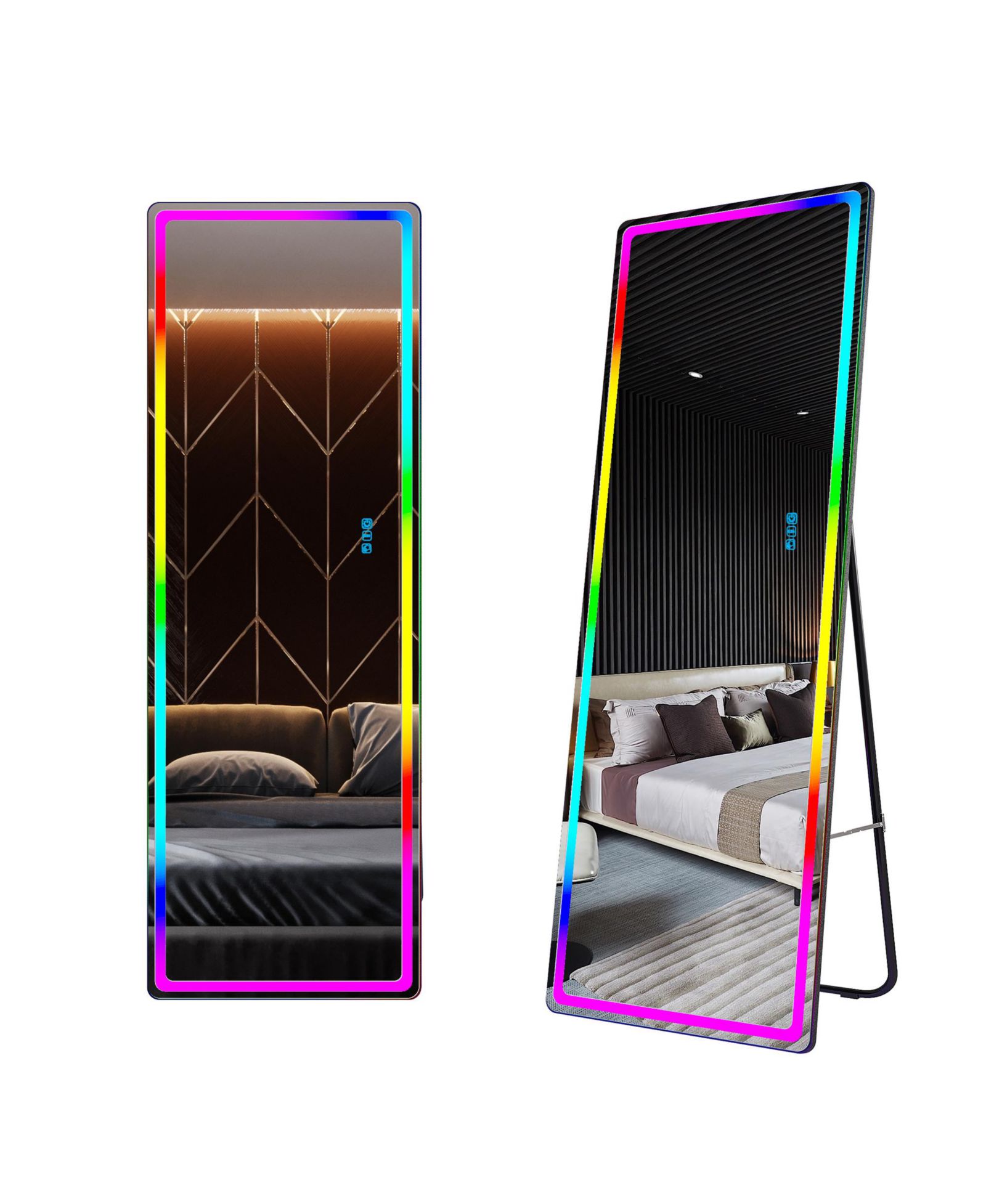 Vlsrka Wall-mounted or freestanding rectangular full-length mirror with adjustable RGB lighting.
