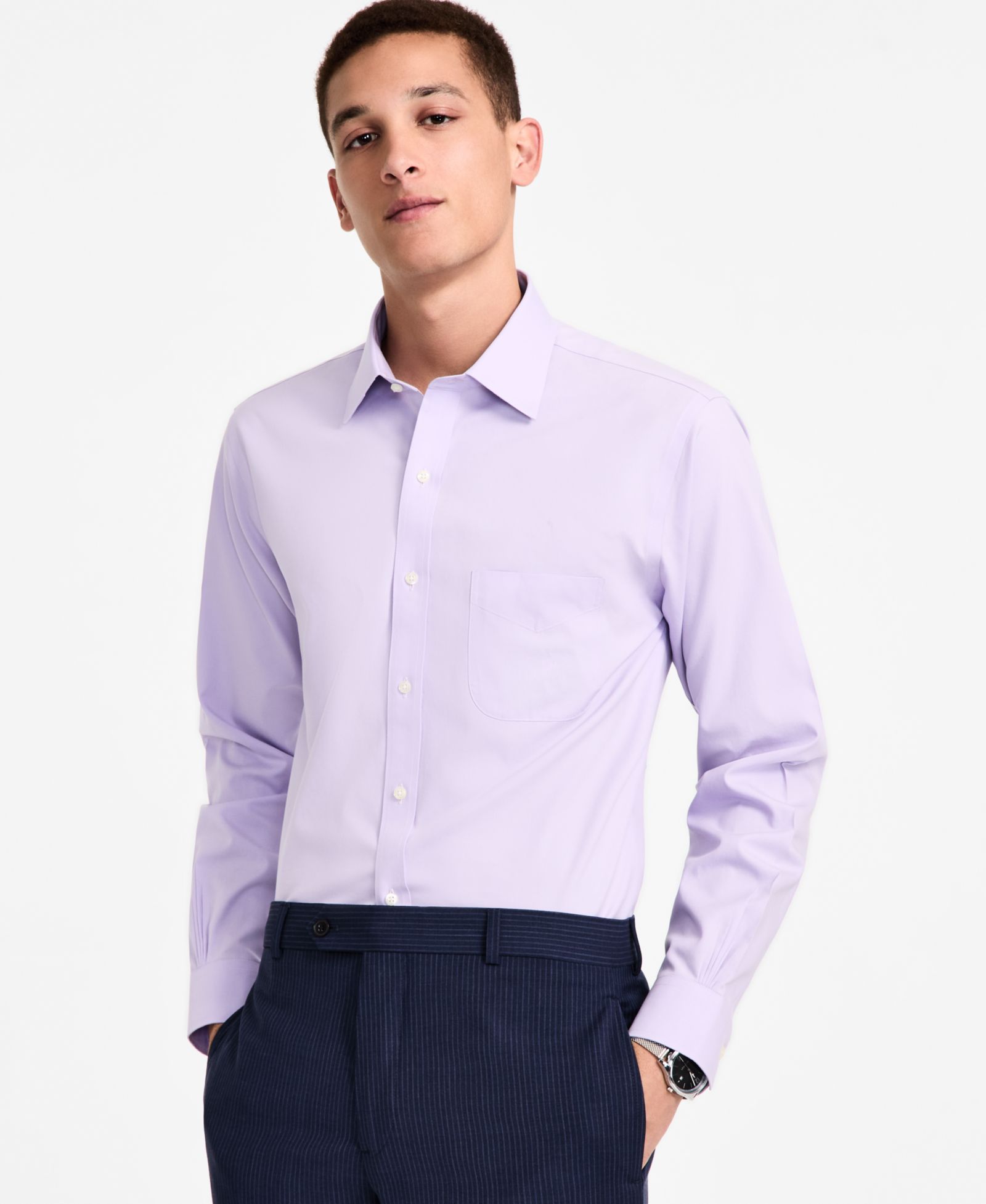 Men's Regular Fit Non-Iron Spread Collar Solid Pinpoint Dress Shirt