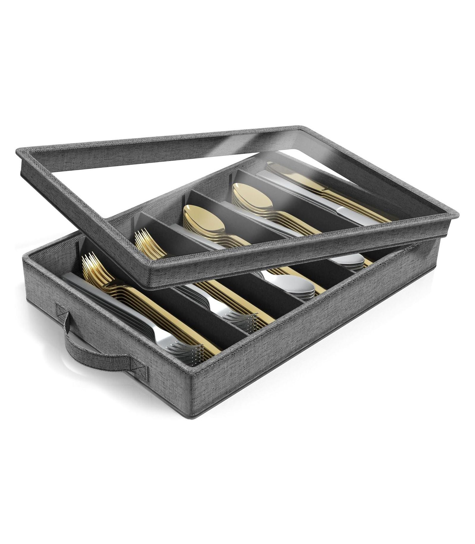 Sorbus Flatware Storage Chest with Clear Lid, Great Fabric Container Box for Organizing Utensils, Silverware, Flatware, Large Capacity, Gray