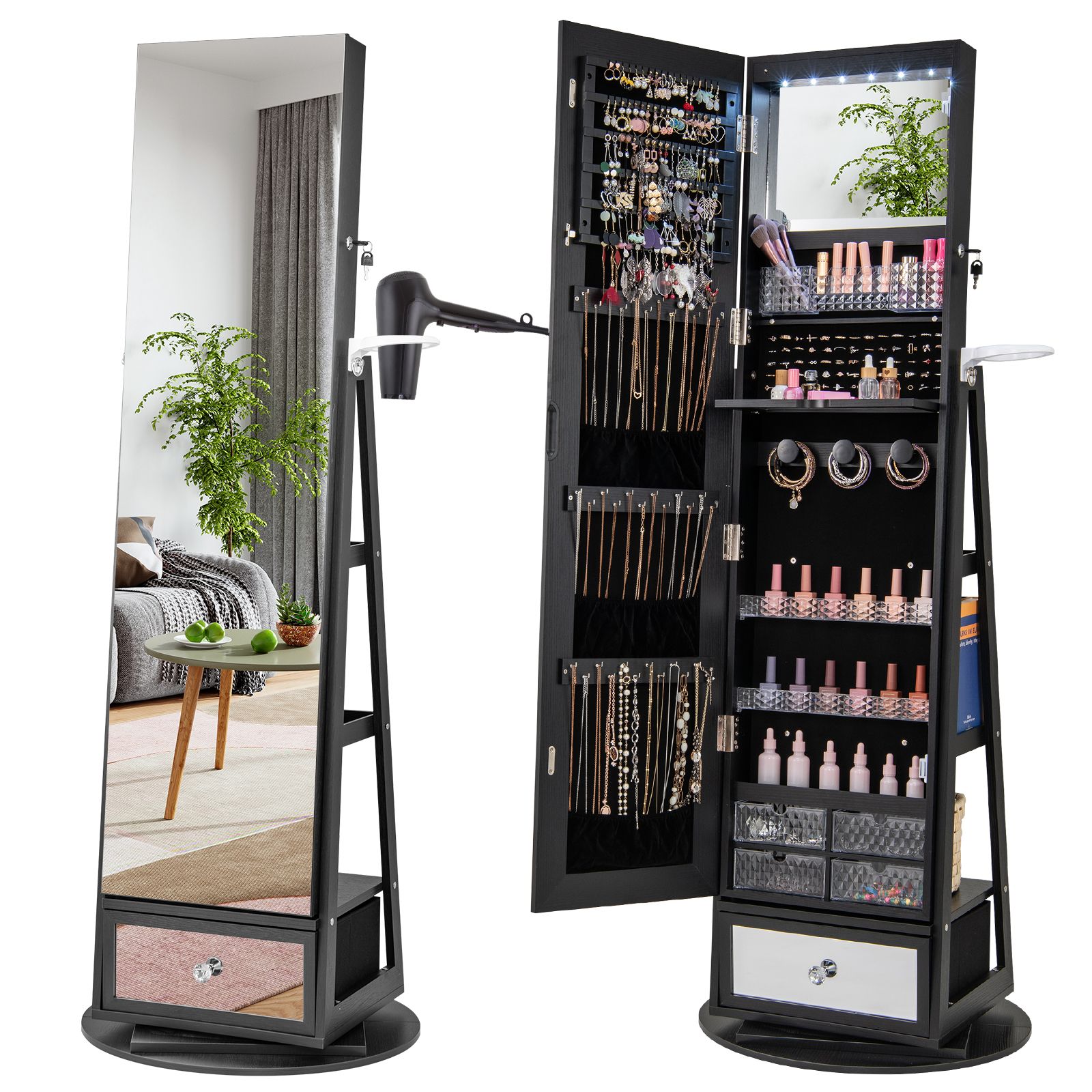 GOUUN Lockable 360° Swivel Jewelry Cabinet with Full-Length Mirror LED Lights