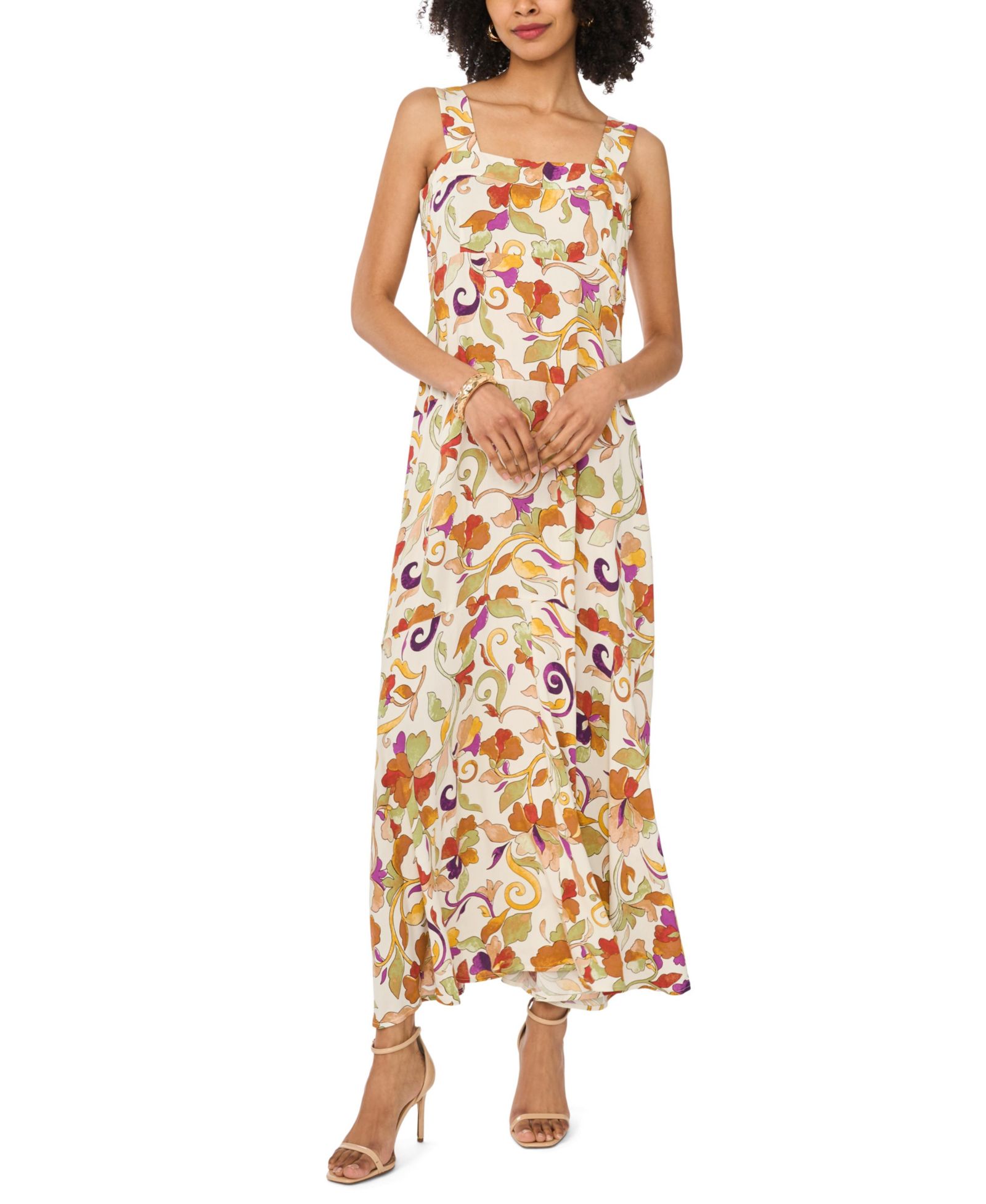 Vince Camuto Women's Printed Square-Neck Smocked-Back Sleeveless Maxi Dress