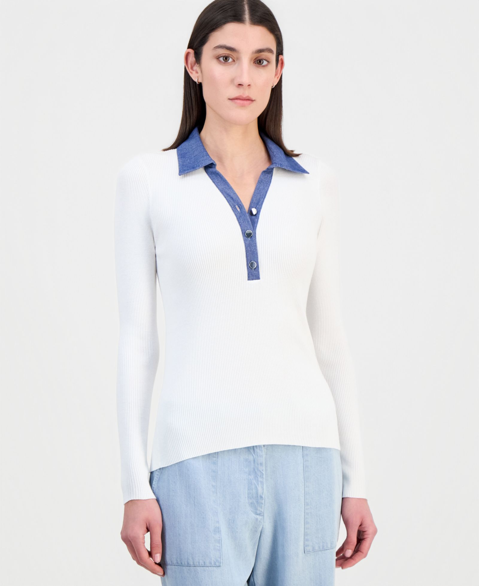 T Tahari Women's Contrast Collared Ribbed Knit Sweater