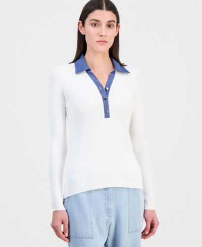 T Tahari Women's Contrast Collared Ribbed Knit Sweater
