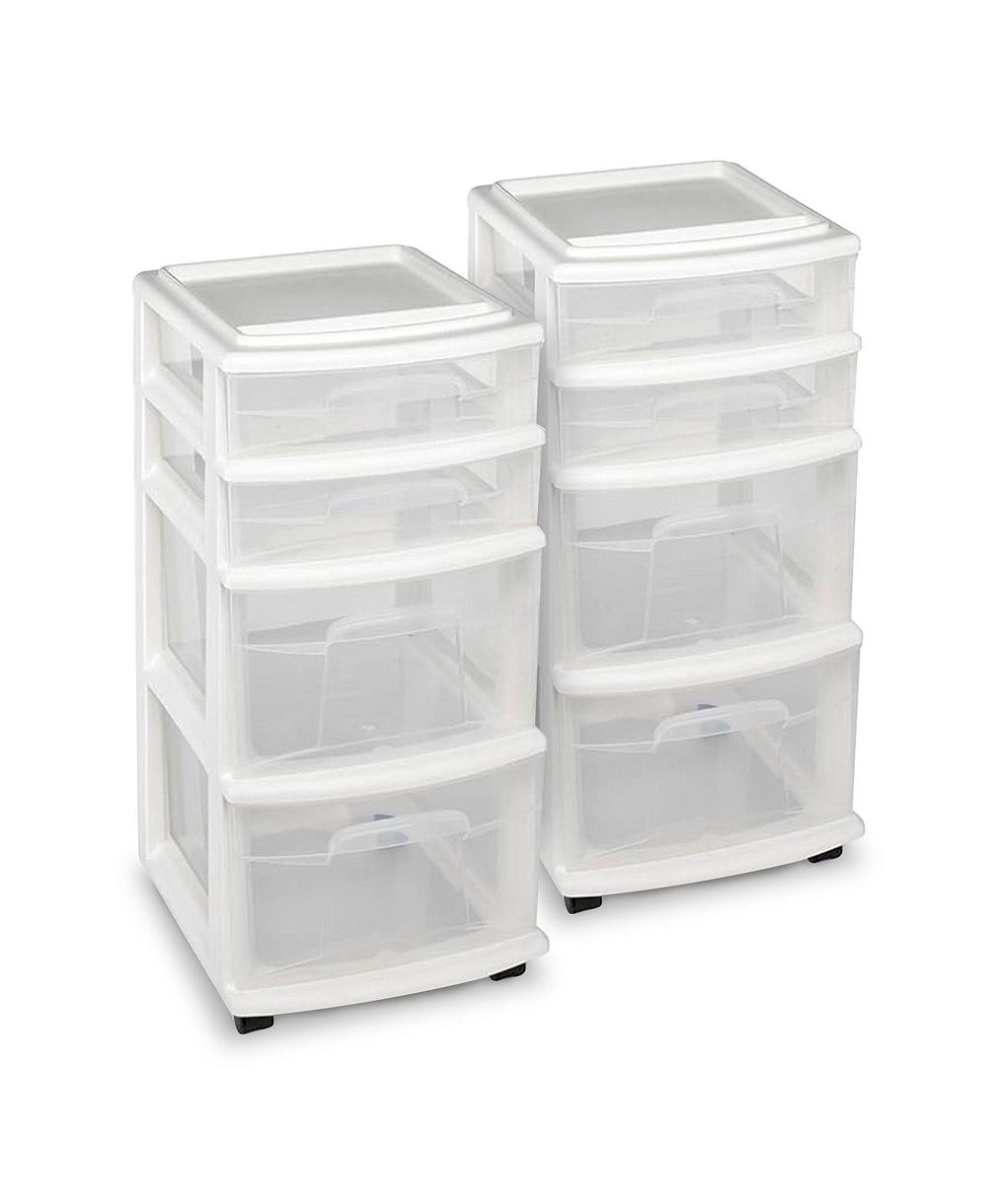 Homz Clear Plastic 4 Drawer Medium Storage Container Tower, White Frame (2 Pack)