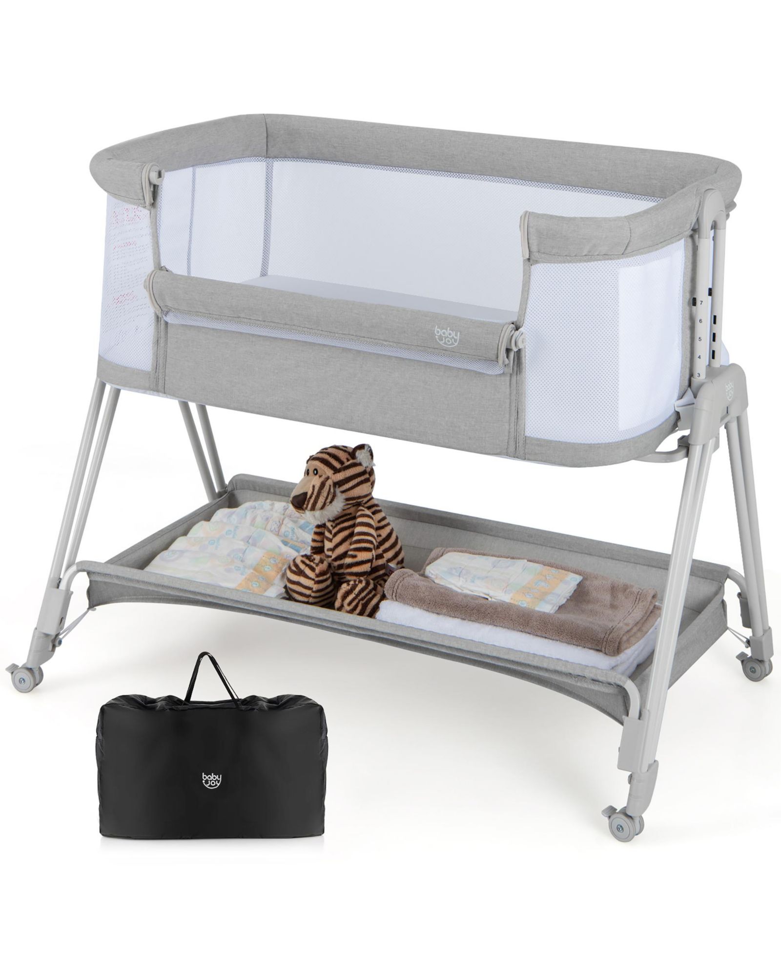 Детская прикроватная колыбель Gymax Baby Bedside Sleeper Bassinet Bed Folding Portable Adjustable w/ Storage