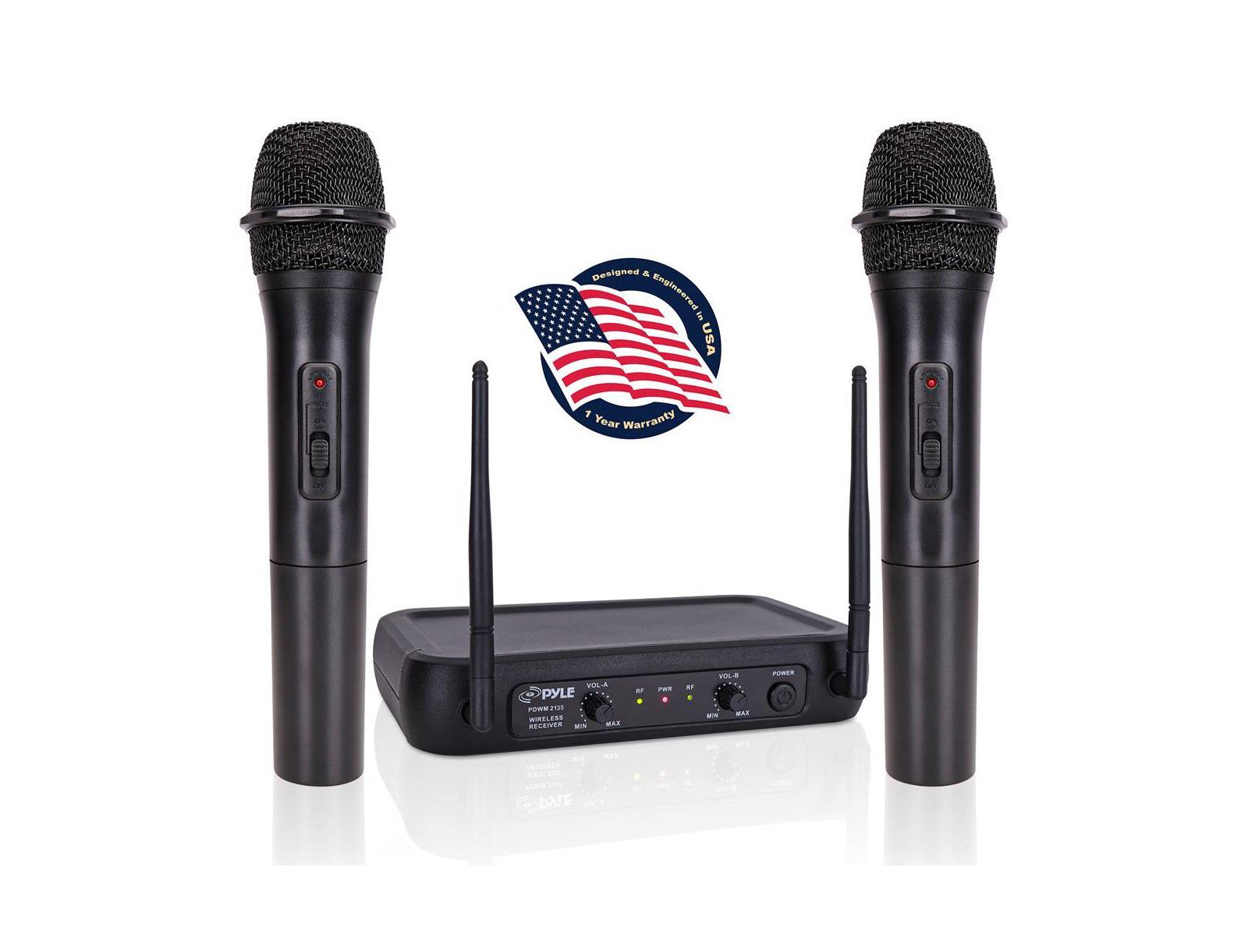 Беспроводная микрофонная система Pyle 2-Channel VHF с (2) ручными микрофонами, регулируемая громкость