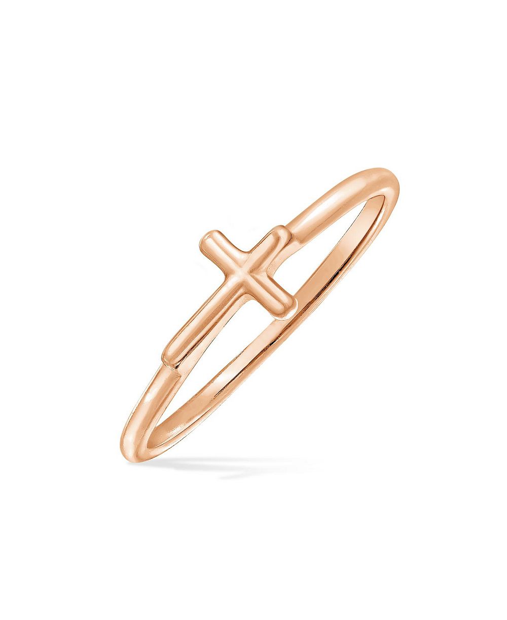 Bling Jewelry Religious Sideways Cross Ring Thin Band Rose Gold Plated Sterling Silver