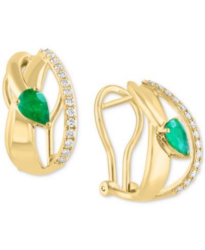 Серьги-кольца EFFY® Emerald (3/4 ct. t.w.) & Diamond (1/4 ct. t.w.) Artistic в 14k Gold