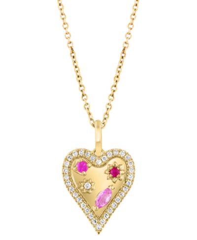EFFY® Подвеска-кулон Heart Halo из 14k золота с розовым сапфиром (1/8 ct. t.w.), рубиновым акцентом и бриллиантом (1/6 ct. t.w.)
