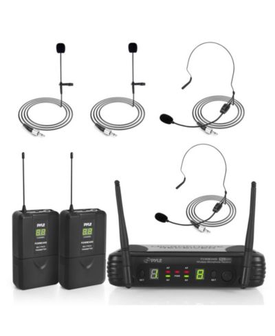 Беспроводная микрофонная система Pyle UHF с (2) beltpack передатчиками, (2) гарнитурами и (2) петличными микрофонами
