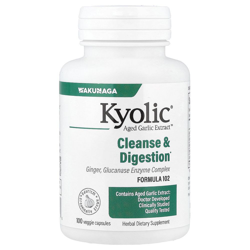 Kyolic Aged Garlic Extract Formula 102, для очищения и пищеварения, комплекс с имбирем и ферментами, 100 капсул