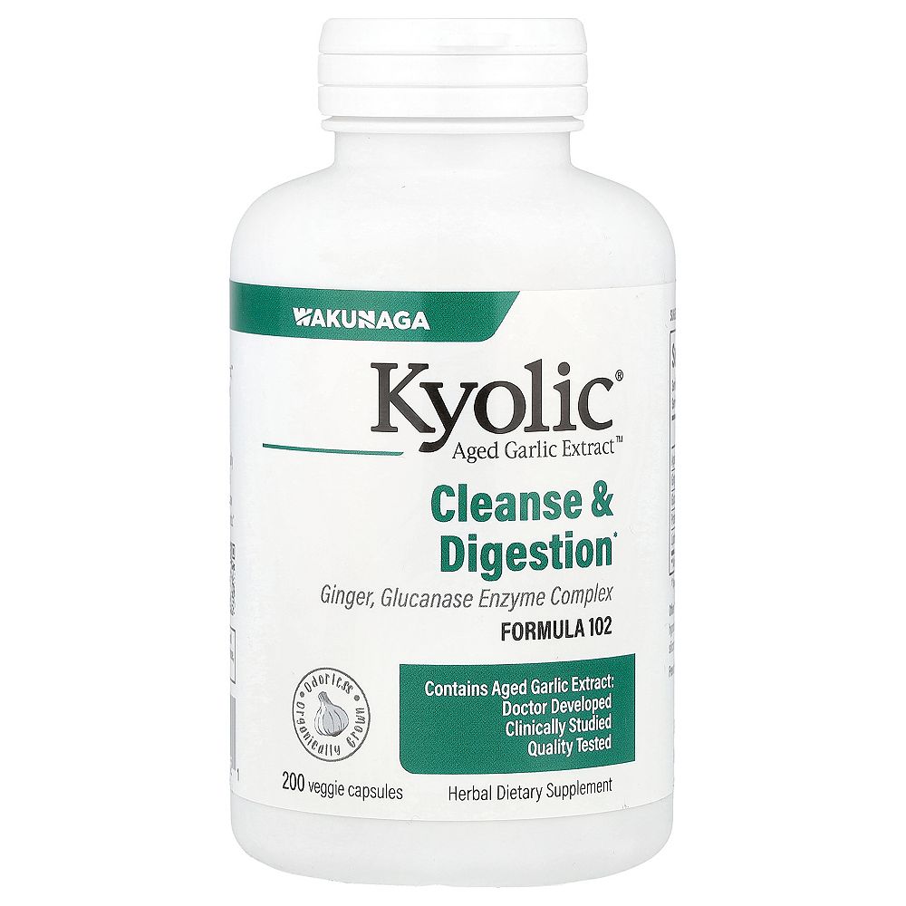 Экстракт чеснока Kyolic Aged Garlic Formula 102, Cleanse and Digestion, Ginger and Enzyme Complex, 200 Capsules