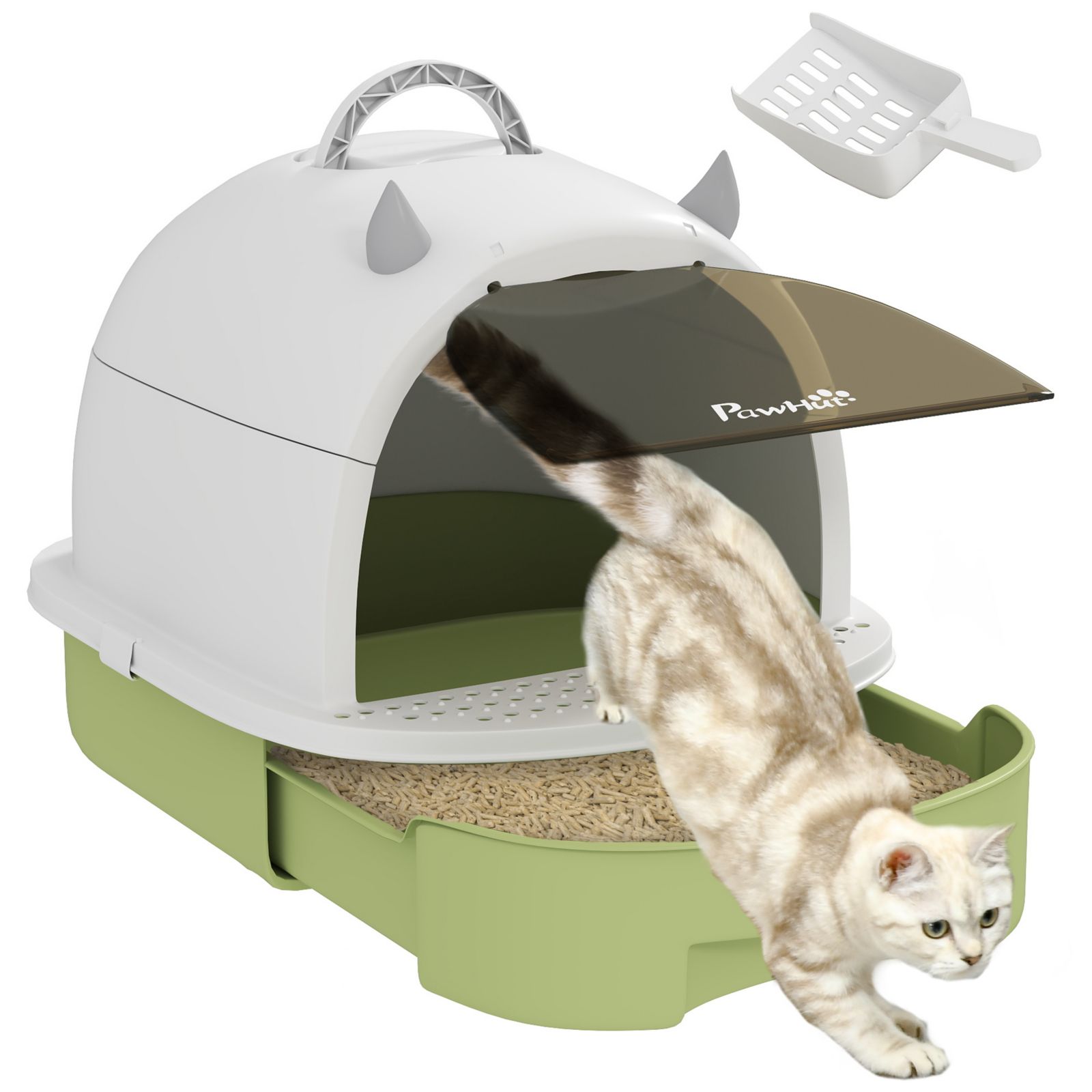 PawHut Cat Litter Box, Cove Kitty Litter Box with Lid, Scoop,