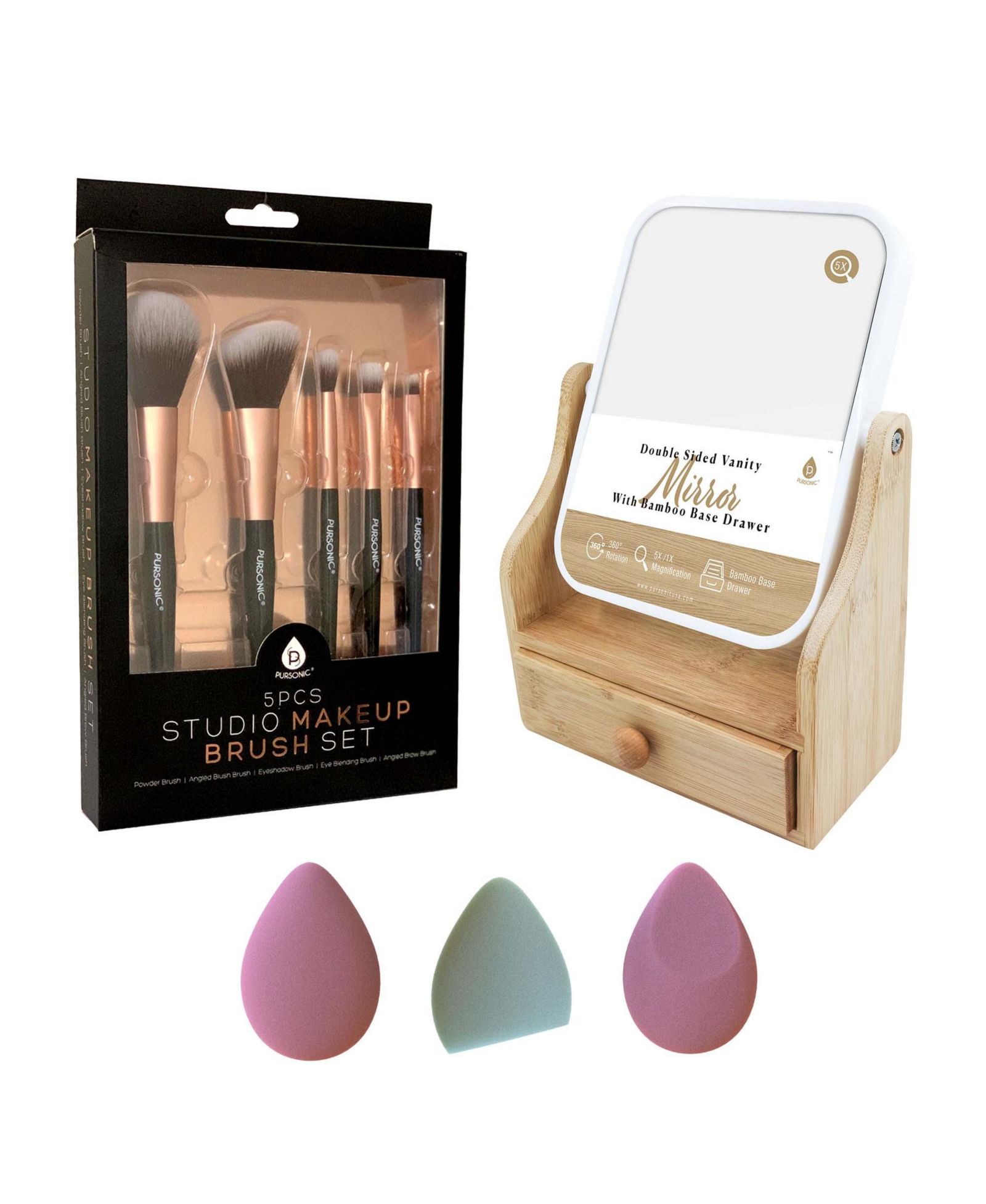 PURSONIC Beauty Essentials Set – Studio Makeup Brush Set, Multi-Shape Sponges, and Dual-Sided Vanity Mirror with Base